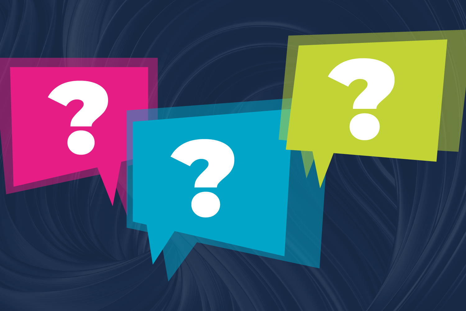 Question marks in bright coloured speech bubbles