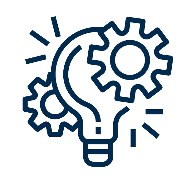 Icon of light bulb and cogs to represent thinking